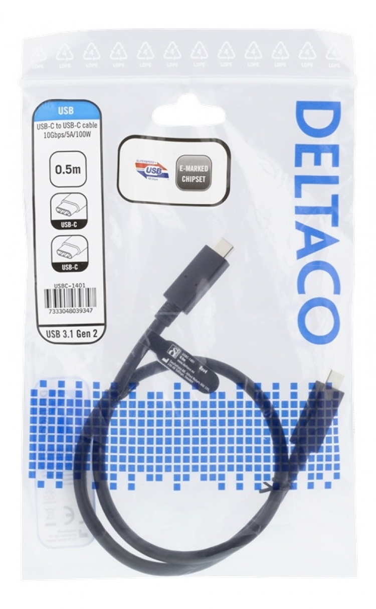 DELTACO USB-C til USB-C-kabel, 0,5 m, 10 Gbps, 100 W 5A, USB 3.1 Gen 2, DELTACO USB-C til USB-C-kabel, 0,5 m, 10 Gbps, 100 W 5A, USB 3.1 Gen 2,