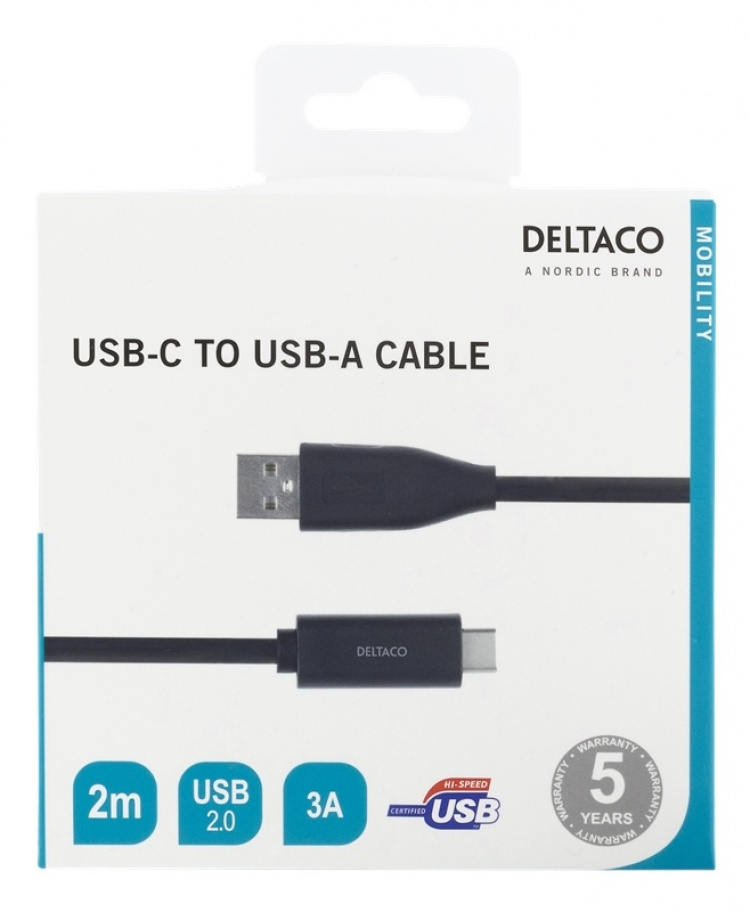 DELTACO USB-C til USB-A-kabel, 2 m, 3A, USB 2.0, svart