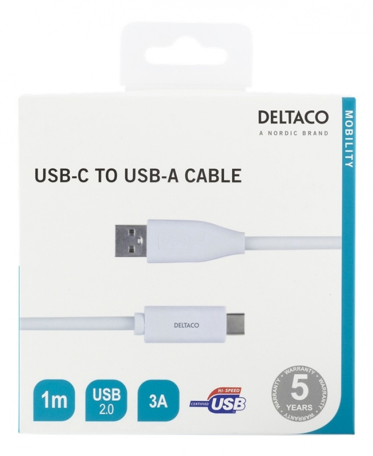 DELTACO USB-C til USB-A-kabel, 1 m, 3A, USB 2.0, hvit