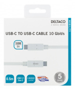 DELTACO USB-C til USB-C-kabel, 0,5 m, 10 Gbps, 100 W 5A, USB 3.1 Gen 2,