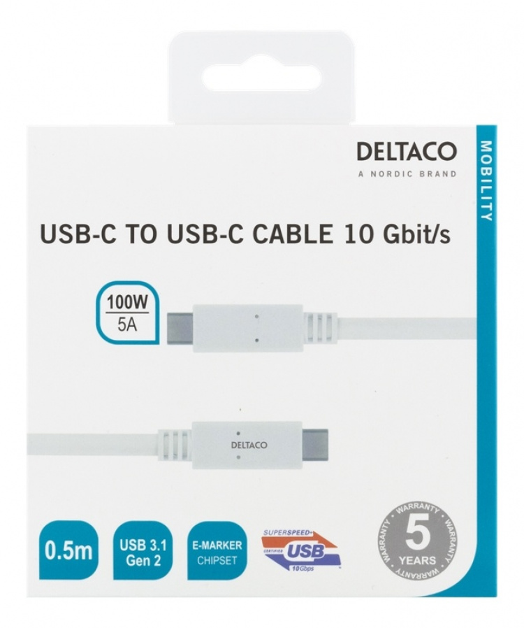 DELTACO USB-C til USB-C-kabel, 0,5 m, 10 Gbps, 100 W 5A, USB 3.1 Gen 2,