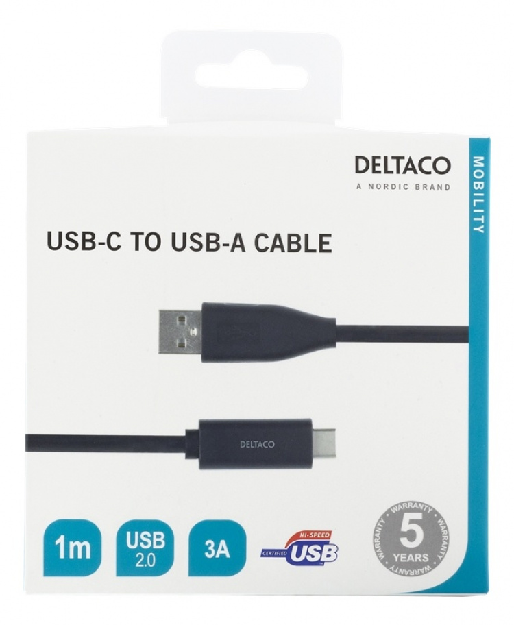 DELTACO USB-C til USB-A-kabel, 1 m, 3A, USB 2.0, svart