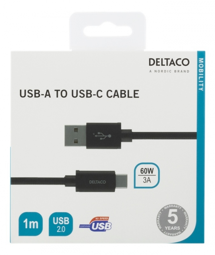 DELTACO USB-A til USB-C-kabel, 1 m, USB 2.0, flettet, svart DELTACO USB-A til USB-C-kabel, 1 m, USB 2.0, flettet, svart