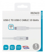 DELTACO USB-C - USB-C-kabel, 1 m, USB 3.1 Gen 2, E-marker-brikkesett, hvit