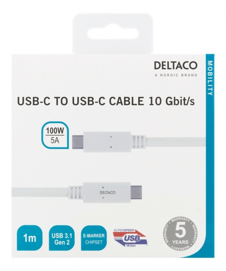 DELTACO USB-C - USB-C-kabel, 1 m, USB 3.1 Gen 2, E-marker-brikkesett, hvit