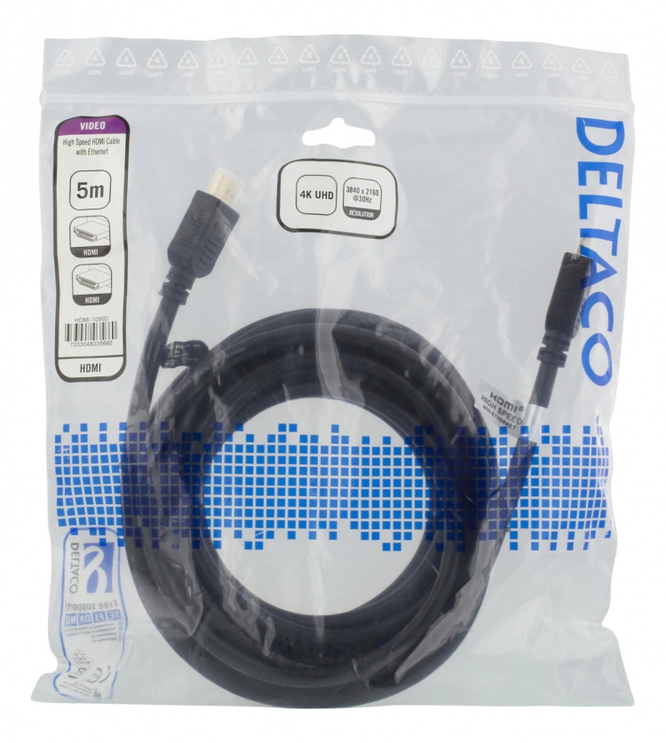 DELTACO Høyhastighets HDMI-kabel, 5 m, Ethernet, 4K UHD, svart