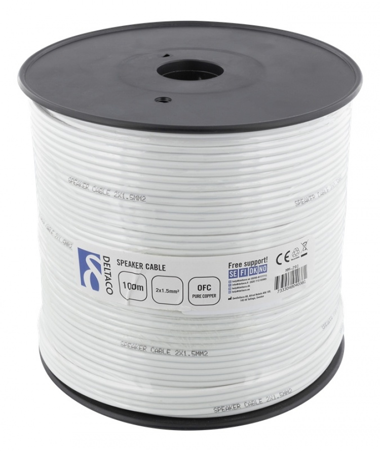 DELTACO høyttalerkabel, 2x1,5mm2, ukontaktert, ren kobber, 100m, hvit