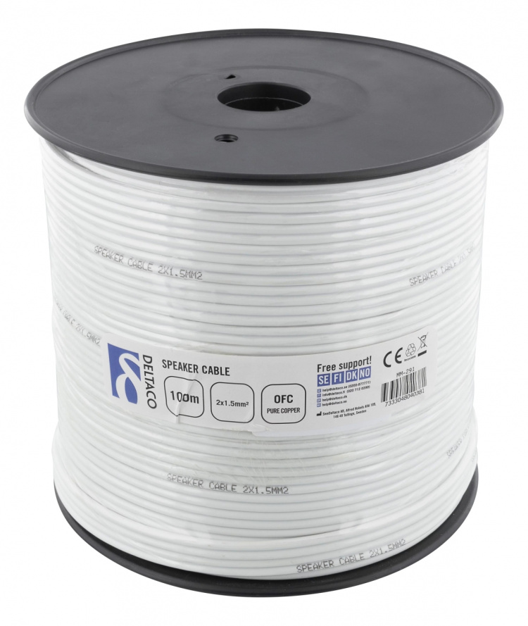 DELTACO høyttalerkabel, 2x1,5mm2, ukontaktert, ren kobber, 100m, hvit
