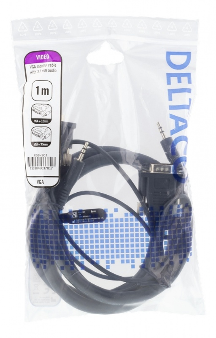 DELTACO skjermkabel HD15ha-ha, 1m, 1920x1200 i 60Hz, med 3,5mm lj