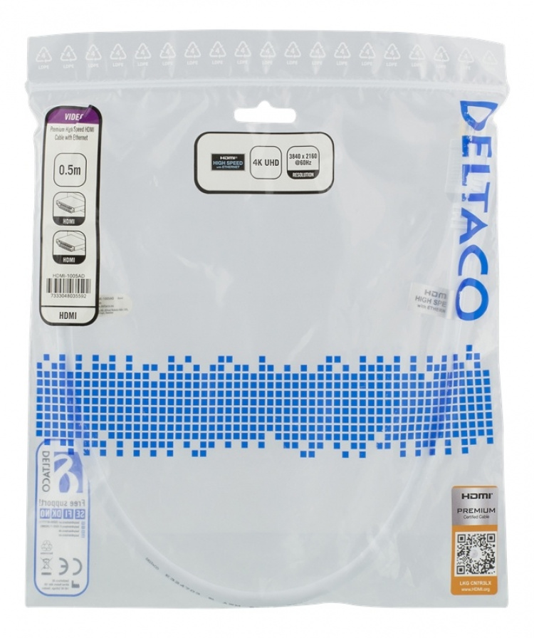 DELTACO Høyhastighets Premium HDMI-kabel, 0,5 m, Ethernet, 4K UHD, hvit DELTACO Høyhastighets Premium HDMI-kabel, 0,5 m, Ethernet, 4K UHD, hvit