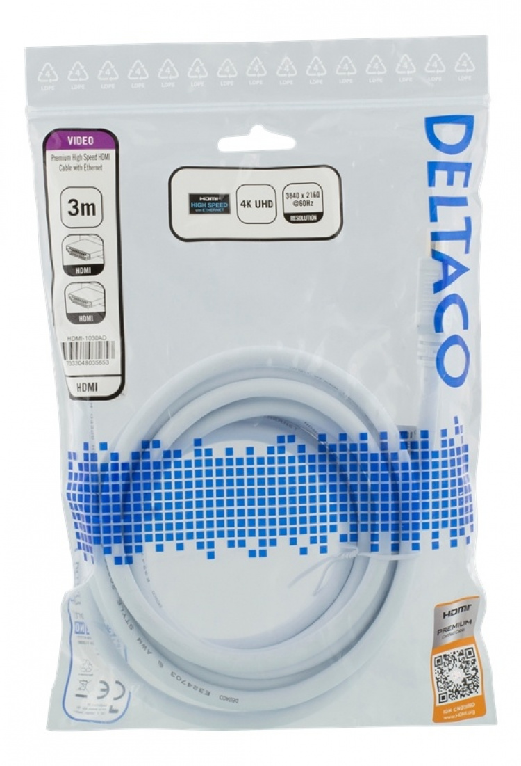 DELTACO Høyhastighets Premium HDMI-kabel, 3 m, Ethernet, 4K UHD, hvit DELTACO Høyhastighets Premium HDMI-kabel, 3 m, Ethernet, 4K UHD, hvit