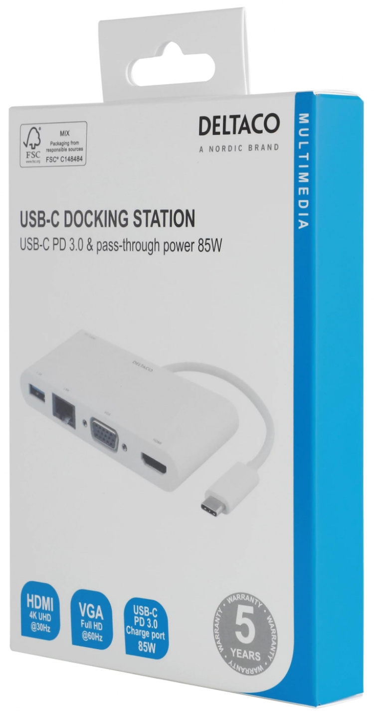 DELTACO USB-C dokkingstasjon, 100 W USB-C PD, HDMI, 1,5 A USB-A, Gigab