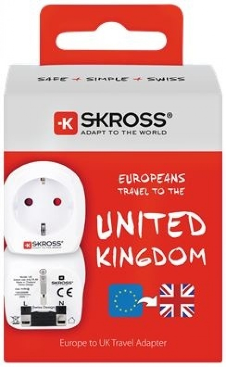 SKROSS Reiseadapter med jording fra Europa til Storbritannia, 15A, 110-125V, hvit