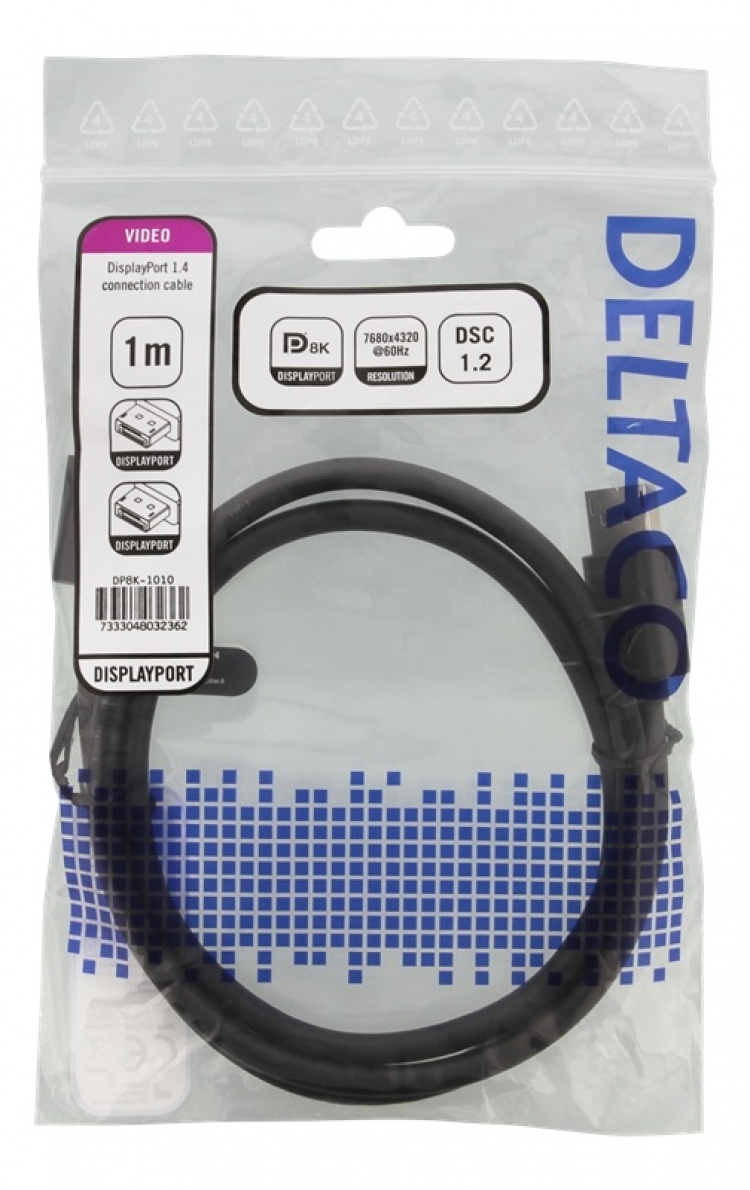 DELTACO DisplayPort-kabel, DP 1.4, 7680 x 4320 i 60 Hz, 1 m, svart