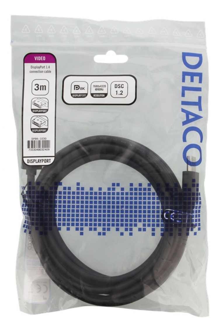 DELTACO DisplayPort kabel, DP 1.4, 7680x4320 i 60Hz, 3m, svart DELTACO DisplayPort kabel, DP 1.4, 7680x4320 i 60Hz, 3m, svart