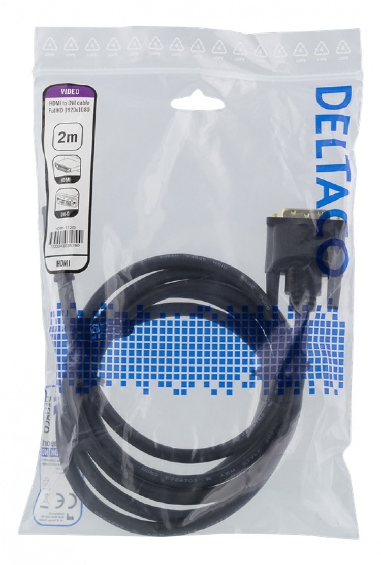 DELTACO HDMI til DVI-kabel, 2 m, Full HD, svart DELTACO HDMI til DVI-kabel, 2 m, Full HD, svart
