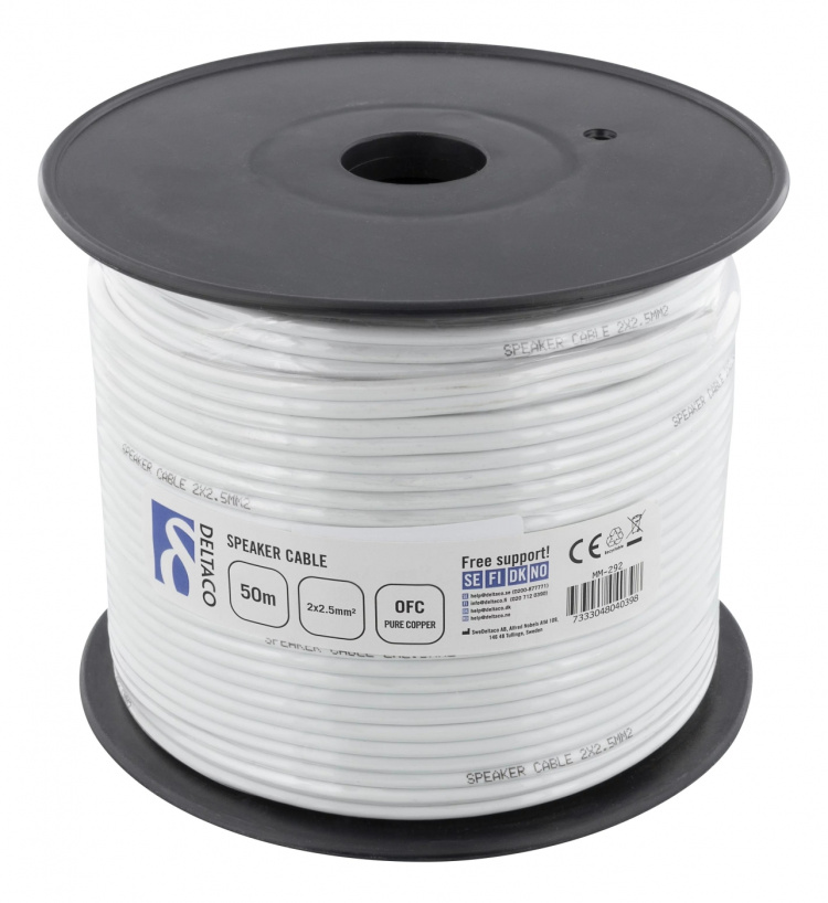 DELTACO høyttalerkabel, 2x2,5mm2, ukontaktert, ren kobber, 50m, hvit