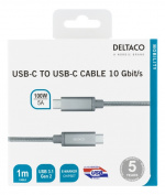 DELTACO USB-C SuperSpeed-kabel, 1 m, USB 3.1 Gen 2, 10 Gbit/s, 100 W, sølv