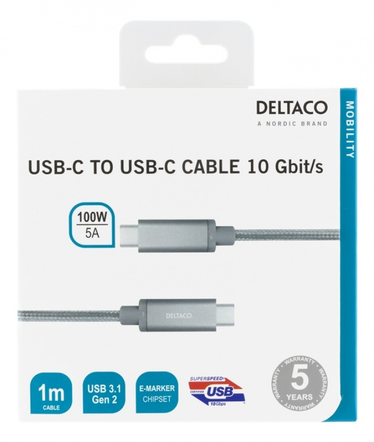 DELTACO USB-C SuperSpeed-kabel, 1 m, USB 3.1 Gen 2, 10 Gbit/s, 100 W, sølv