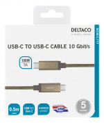DELTACO USB-C SuperSpeed-kabel, 0,5 m, USB 3.1 Gen 1, 10 Gbps, 100 W, gull