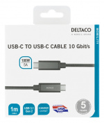 DELTACO USB-C SuperSpeed-kabel, 1 m, USB 3.1 Gen 2, 10 Gbps, 100 W, mellomrom