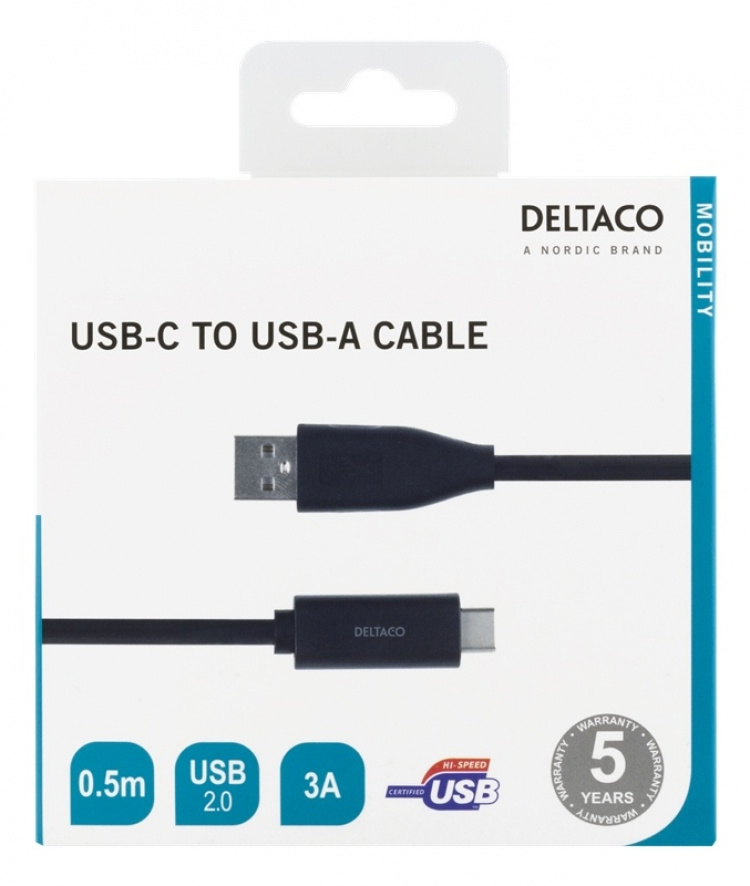 DELTACO USB-C til USB-A-kabel, 0,5 m, 3A, USB 2.0, svart