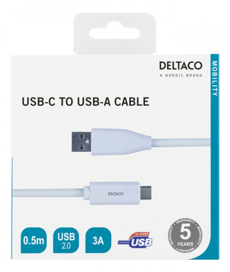 DELTACO USB-C til USB-A-kabel, 0,5 m, 3A, USB 2.0, hvit