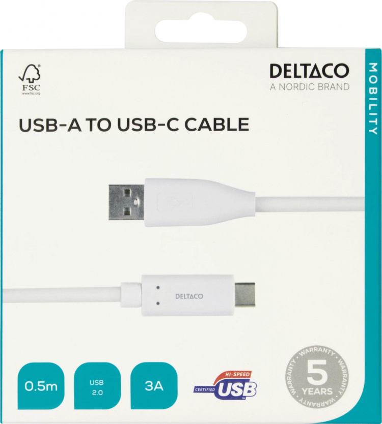 DELTACO USB-C til USB-A-kabel, 0,5 m, 3A, USB 2.0, hvit