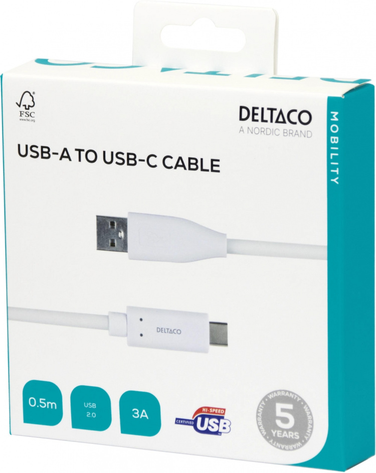 DELTACO USB-C til USB-A-kabel, 0,5 m, 3A, USB 2.0, hvit