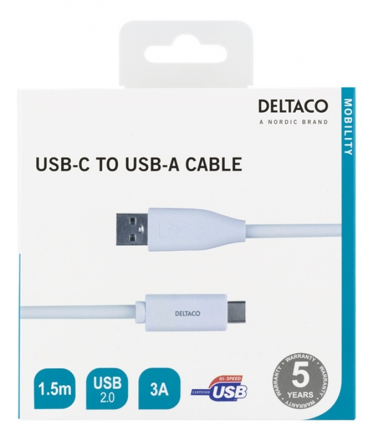 DELTACO USB-C til USB-A-kabel, 1,5 m, 3A, USB 2.0, hvit DELTACO USB-C til USB-A-kabel, 1,5 m, 3A, USB 2.0, hvit