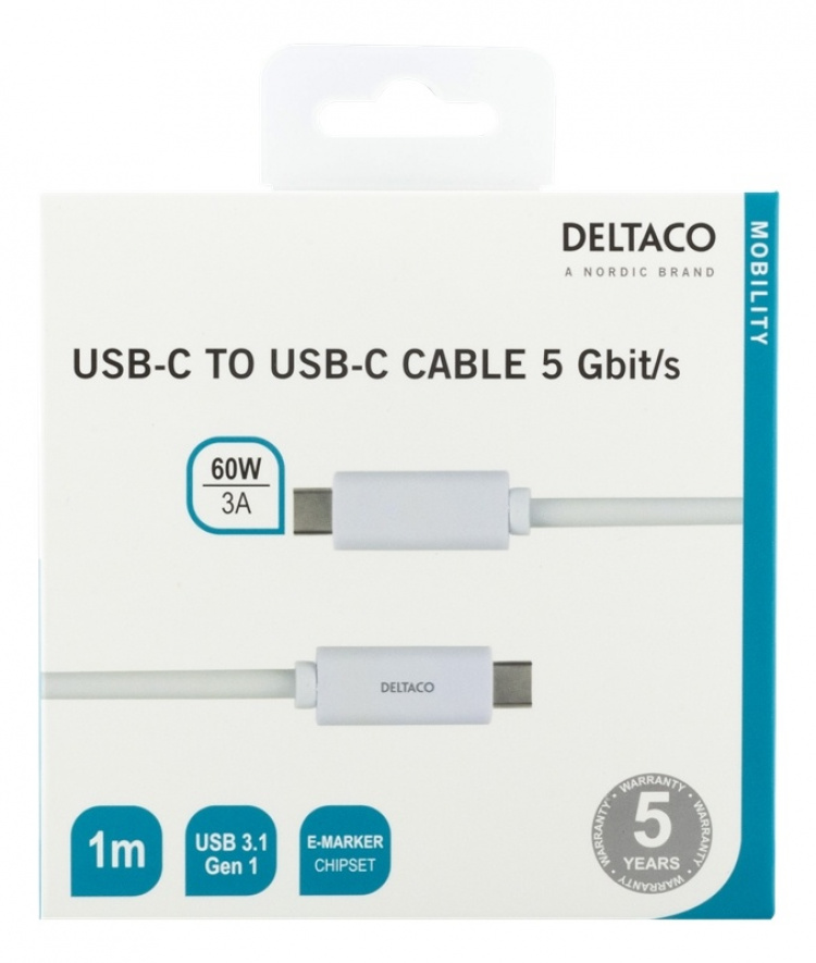 DELTACO USB-C til USB-C-kabel, 1 m, 1,5 A, USB 3.1 Gen, E-Marker, hvit DELTACO USB-C til USB-C-kabel, 1 m, 1,5 A, USB 3.1 Gen, E-Marker, hvit