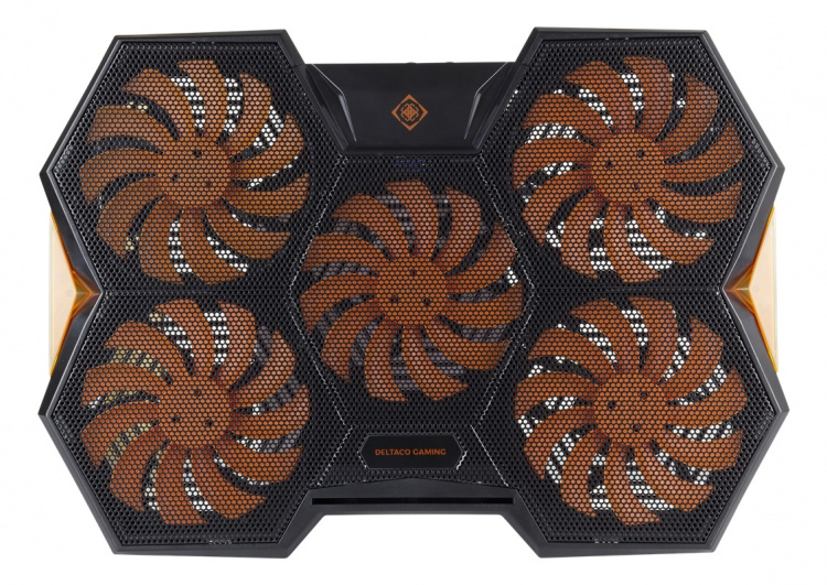 DELTACO GAMING Laptop-kjøler, 5x140mm vifter, 2x USB-A, svart/oransje DELTACO GAMING Laptop-kjøler, 5x140mm vifter, 2x USB-A, svart/oransje