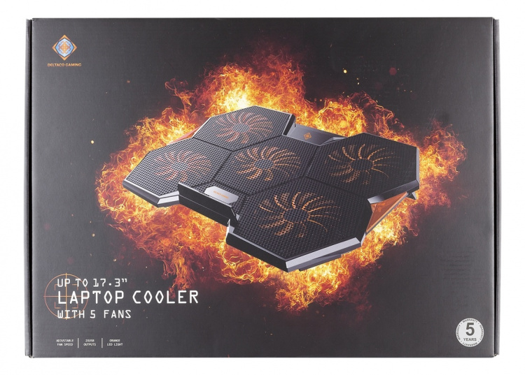 DELTACO GAMING Laptop-kjøler, 5x140mm vifter, 2x USB-A, svart/oransje DELTACO GAMING Laptop-kjøler, 5x140mm vifter, 2x USB-A, svart/oransje