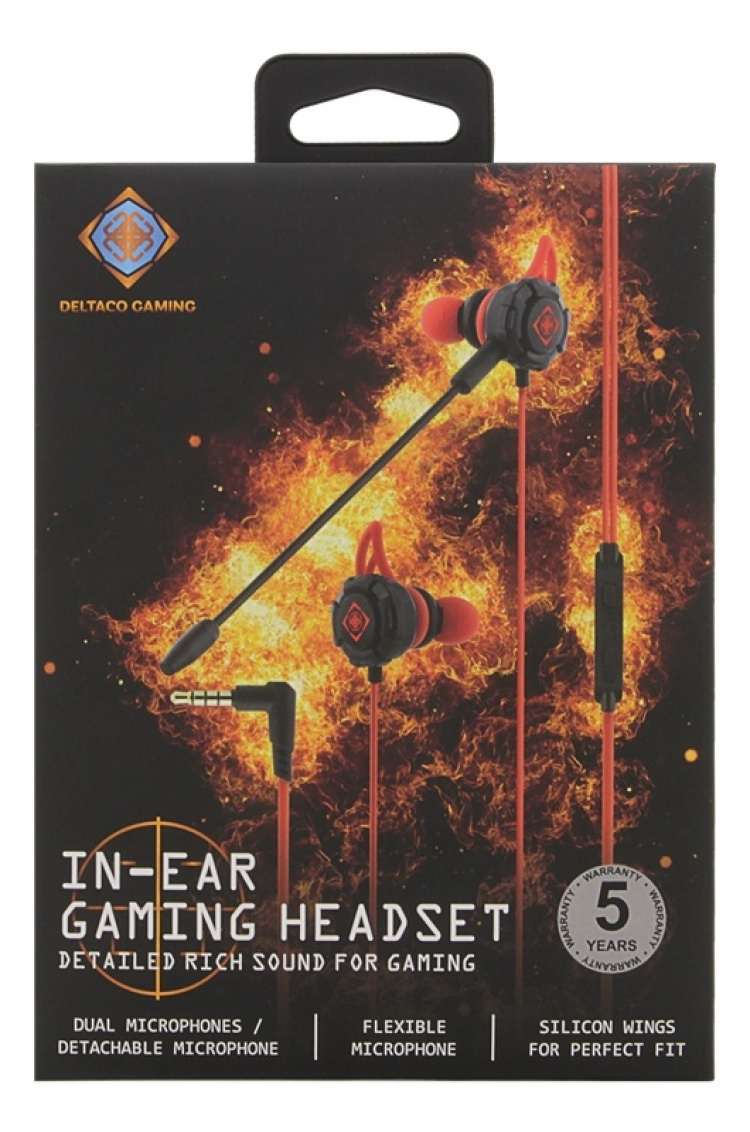 DELTACO GAMING In-ear hodetelefoner, avtagbar mikrofon, sort/rød
