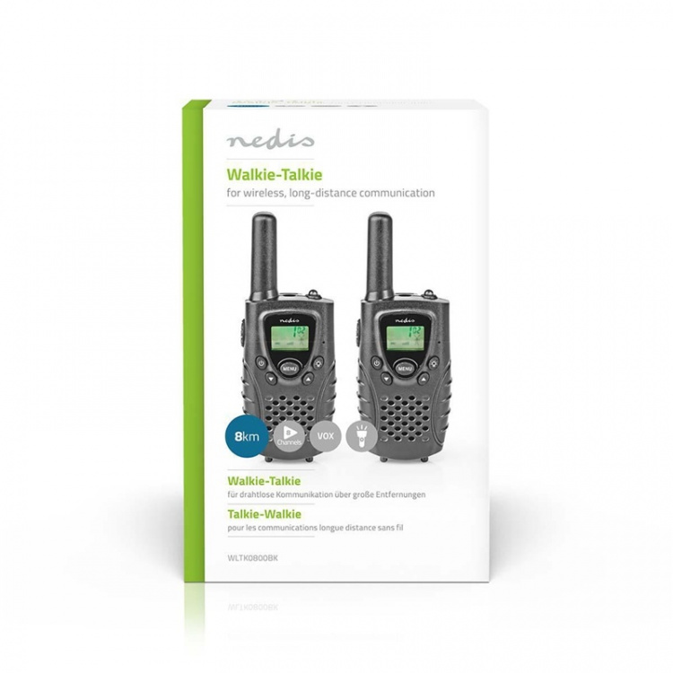 Nedis Walkie-Talkie Set | 2 håndsett | 8000 m | Antall frekvenskanaler: 8 | PTT / VOX | 150 min | Hodetelefonutgang | Sort