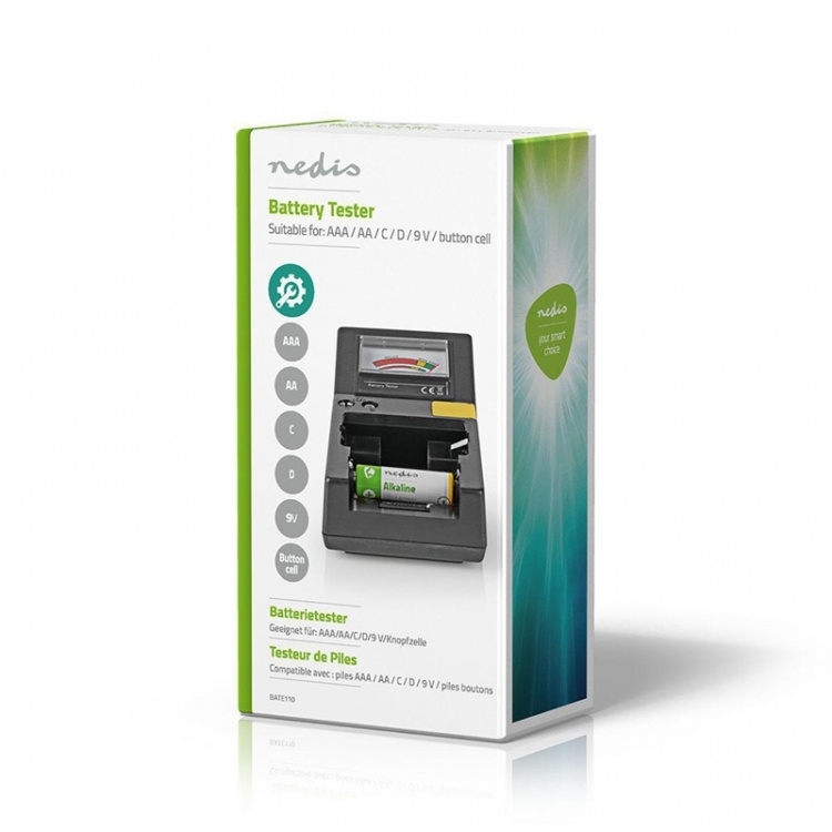 Nedis Battery Tester | 9V - AA - AAA - Button Cell - C - D | Sort