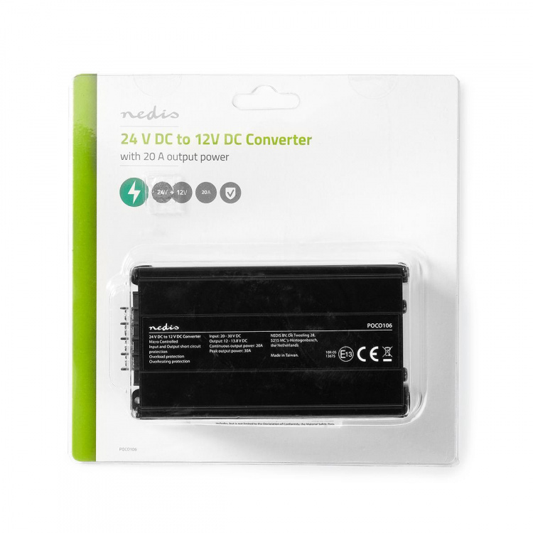 Nedis Strøm Converter | Bil Drevet | 24 V DC | 12 V DC | 240 W | Skru Terminal | Equalizer med sikring | Sort
