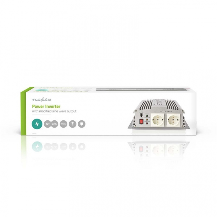 Nedis Power Inverter Modifisert sinusbølge | Inngangsspenning: 12 V DC | Enhetens strømuttak: Type F (CEE 7/3) | 230 V AC 50 Hz | 1700 W | Topp effekt: 3000 W | Skru Terminal | Sølv