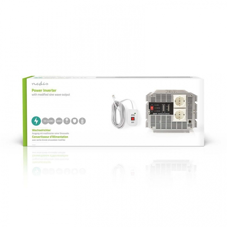 Nedis Power Inverter Modifisert sinusbølge | Inngangsspenning: 12 V DC | Enhetens strømuttak: Type F (CEE 7/3) | 230 V AC 50 Hz | 4000 W | Topp effekt: 8000 W | Skru Terminal | Sølv