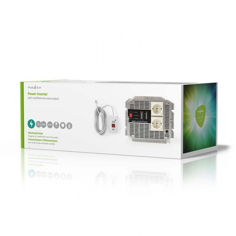Nedis Power Inverter Modifisert sinusbølge | Inngangsspenning: 12 V DC | Enhetens strømuttak: Type F (CEE 7/3) | 230 V AC 50 Hz | 4000 W | Topp effekt: 8000 W | Skru Terminal | Sølv