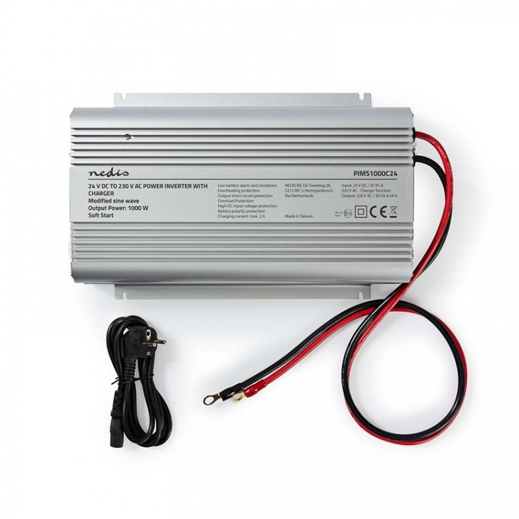 Power Inverter Modifisert sinusbølge | Inngangsspenning: 24 V DC | Enhetens strømuttak: 2 | 230 V AC 50 Hz | 1000 W | Topp effekt: 2400 W | Sokkeltype: F (CEE 7/3) | Batteriklemmer | Sølv