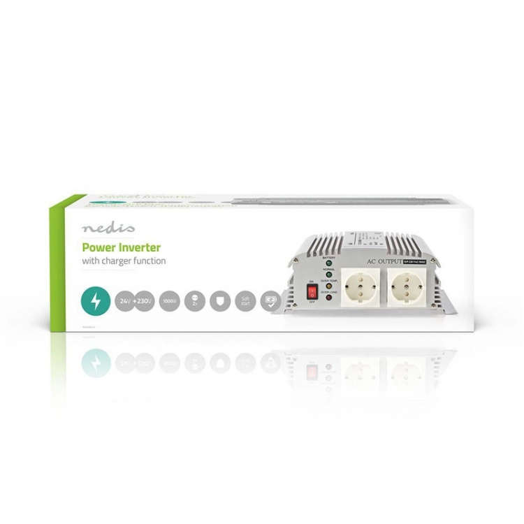 Power Inverter Modifisert sinusbølge | Inngangsspenning: 24 V DC | Enhetens strømuttak: 2 | 230 V AC 50 Hz | 1000 W | Topp effekt: 2400 W | Sokkeltype: F (CEE 7/3) | Batteriklemmer | Sølv