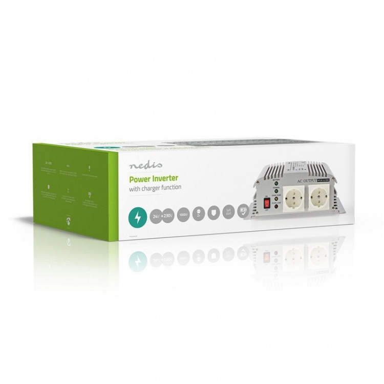 Power Inverter Modifisert sinusbølge | Inngangsspenning: 24 V DC | Enhetens strømuttak: 2 | 230 V AC 50 Hz | 1000 W | Topp effekt: 2400 W | Sokkeltype: F (CEE 7/3) | Batteriklemmer | Sølv