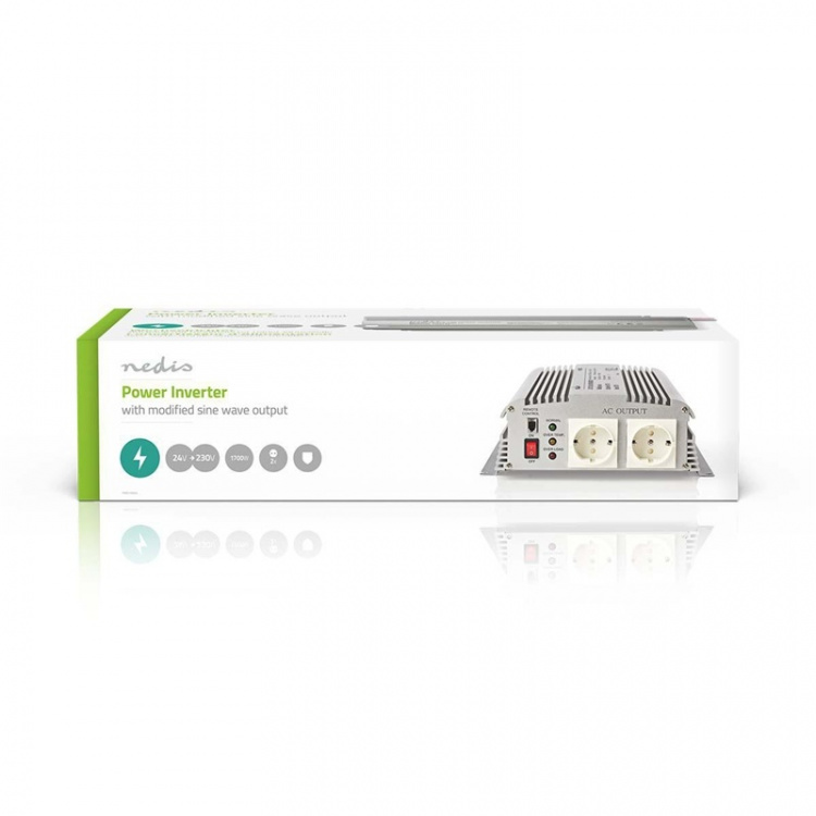 Nedis Power Inverter Modifisert sinusbølge | Inngangsspenning: 24 V DC | Enhetens strømuttak: Type F (CEE 7/3) | 230 V AC 50 Hz | 1700 W | Topp effekt: 3000 W | Skru Terminal | Sølv