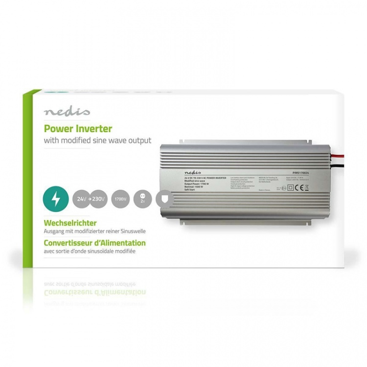 Nedis Power Inverter Modifisert sinusbølge | Inngangsspenning: 24 V DC | Enhetens strømuttak: Type F (CEE 7/3) | 230 V AC 50 Hz | 1700 W | Topp effekt: 3000 W | Skru Terminal | Sølv