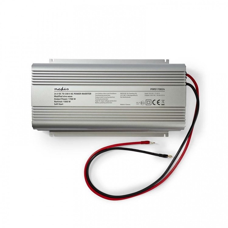 Nedis Power Inverter Modifisert sinusbølge | Inngangsspenning: 24 V DC | Enhetens strømuttak: Type F (CEE 7/3) | 230 V AC 50 Hz | 1700 W | Topp effekt: 3000 W | Skru Terminal | Sølv