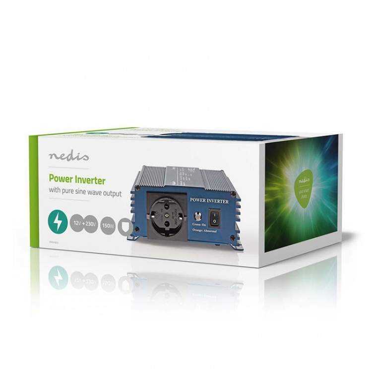 Nedis Power Inverter Pure Sine Wave | Inngangsspenning: 12 V DC | Enhetens strømuttak: Type F (CEE 7/3) | 230 V AC 50 Hz | 150 W | Topp effekt: 300 W | Cigarette Lyser Plugg | Pure Sine Wave | Sikring | Blå