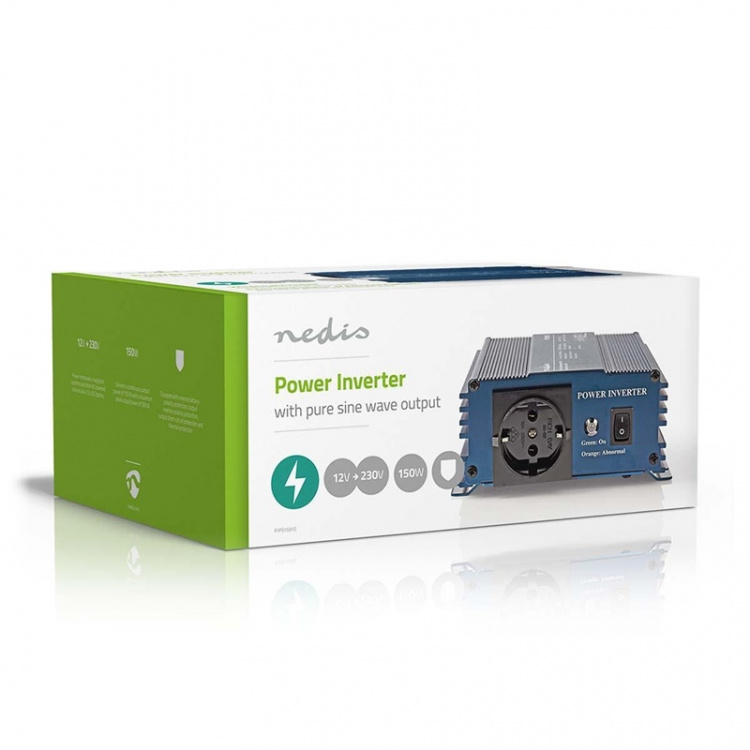 Nedis Power Inverter Pure Sine Wave | Inngangsspenning: 12 V DC | Enhetens strømuttak: Type F (CEE 7/3) | 230 V AC 50 Hz | 150 W | Topp effekt: 300 W | Cigarette Lyser Plugg | Pure Sine Wave | Sikring | Blå