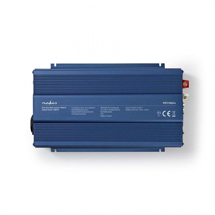Nedis Power Inverter Pure Sine Wave | Inngangsspenning: 24 V DC | Enhetens strømuttak: Type F (CEE 7/3) | 230 V AC 50 Hz | 1000 W | Topp effekt: 2000 W | Skru Terminal | Pure Sine Wave | Sikring | Blå