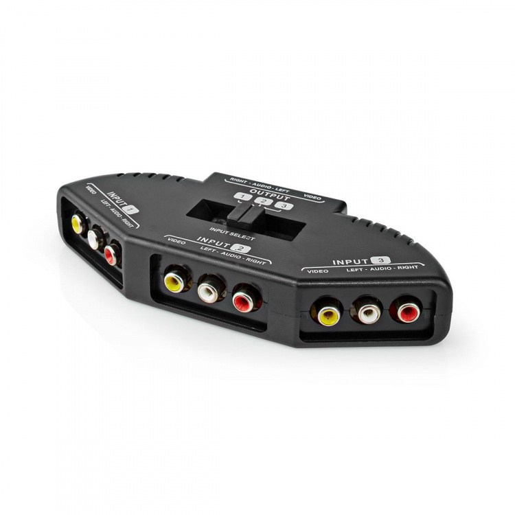 Nedis Composite Video Switch | 3-Port port(s) | Inngang for lyd-/video-/datatilkoblinger: 3x Composite Video (RWY) | Utgang for lyd-/video-/datatilkoblinger: 1x Composite Video (RWY) | 1024x576 | ABS | Sort